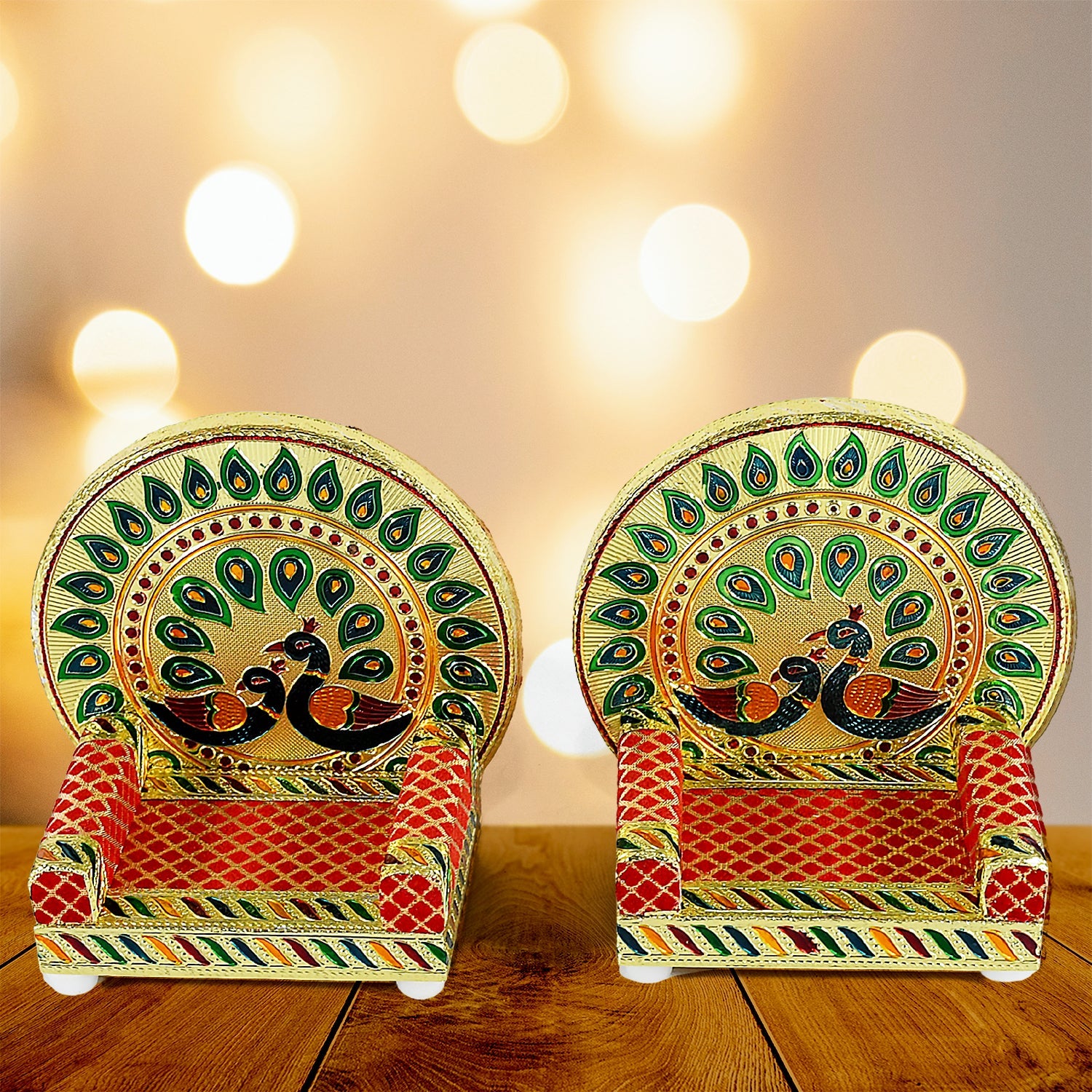 Meenakari Work Laddu Gopal Singhasan  / Sihasan for Pooja Mandir Wooden Krishna Ladoo Bal Gopal Sofa Asan, Home Decorative Premium Look Decorative Singhasan Suitable For Home, Office, Restaurant (2 Pc Set)
